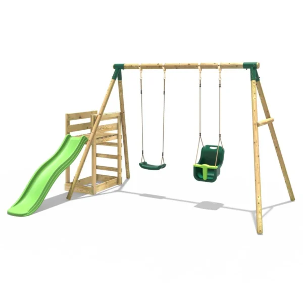 Rebo Wooden Swing Set plus Deck & Slide - Luna Green - Image 5