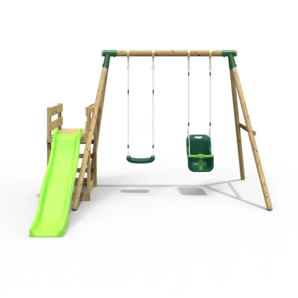 Rebo Wooden Swing Set plus Deck & Slide - Luna Green - Image 4