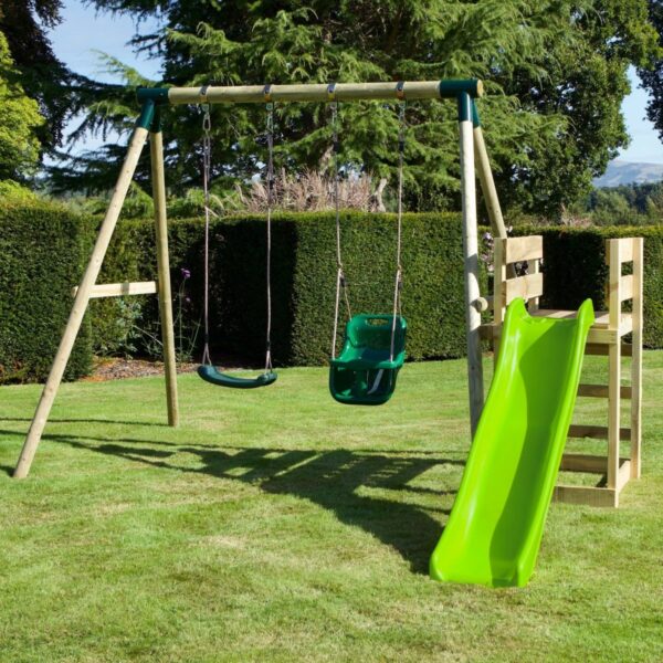 Rebo Wooden Swing Set plus Deck & Slide - Luna Green - Image 2