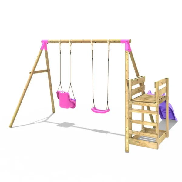 Rebo Wooden Swing Set plus Deck & Slide - Luna Pink - Image 2