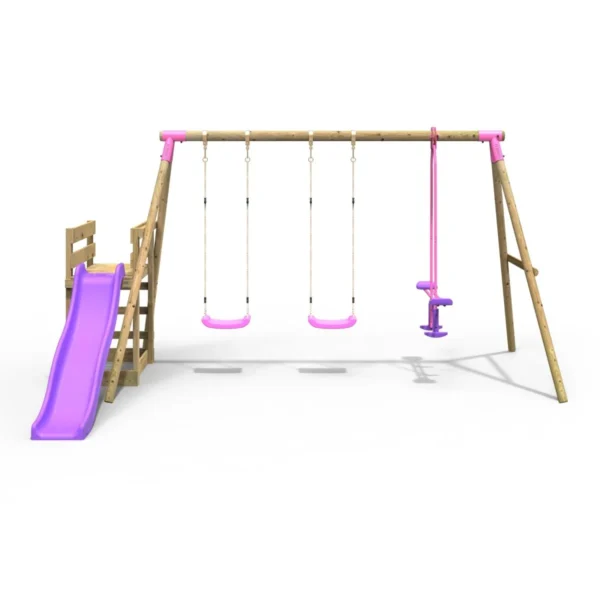 Rebo Wooden Swing Set plus Deck & Slide - Neptune Pink - Image 4