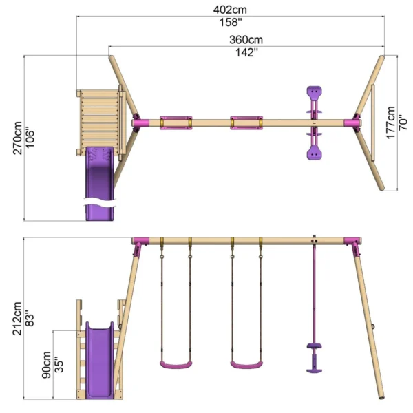 Rebo Wooden Swing Set plus Deck & Slide - Neptune Pink - Image 2