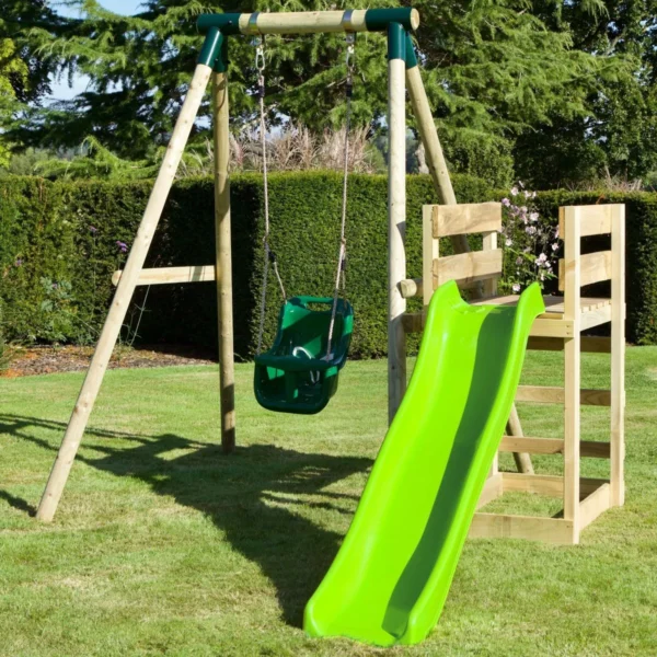 Rebo Wooden Swing Set plus Deck & Slide - Pluto Green - Image 2