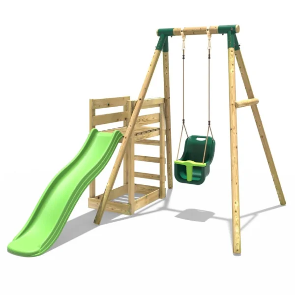 Rebo Wooden Swing Set plus Deck & Slide - Pluto Green - Image 6