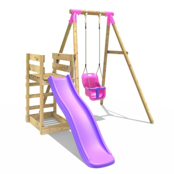 Rebo Wooden Swing Set plus Deck & Slide - Pluto Pink - Image 4