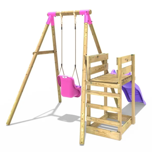 Rebo Wooden Swing Set plus Deck & Slide - Pluto Pink - Image 2