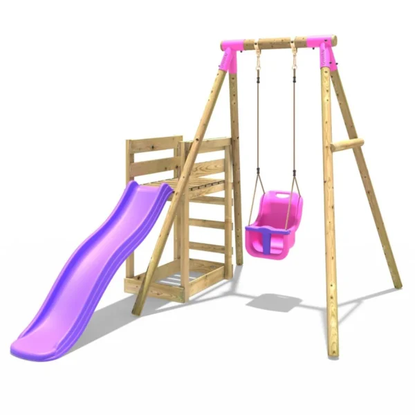 Rebo Wooden Swing Set plus Deck & Slide - Pluto Pink - Image 7