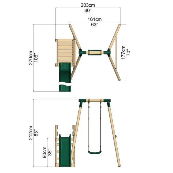 Rebo Wooden Swing Set plus Deck & Slide - Solar Green - Image 2