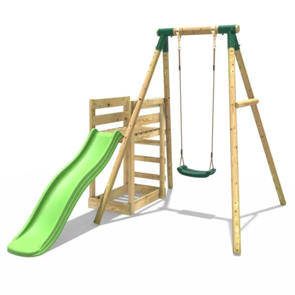 Rebo Wooden Swing Set plus Deck & Slide - Solar Green