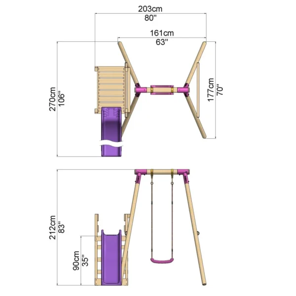 Rebo Wooden Swing Set plus Deck & Slide - Solar Pink - Image 2