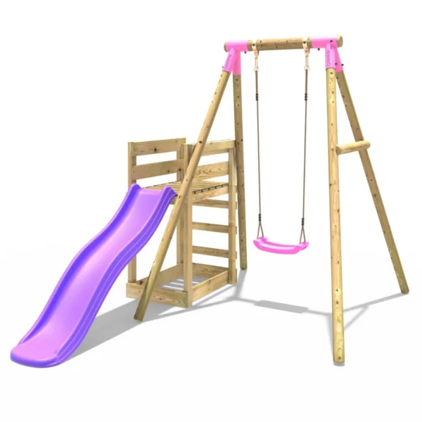 Rebo Wooden Swing Set plus Deck & Slide - Solar Pink