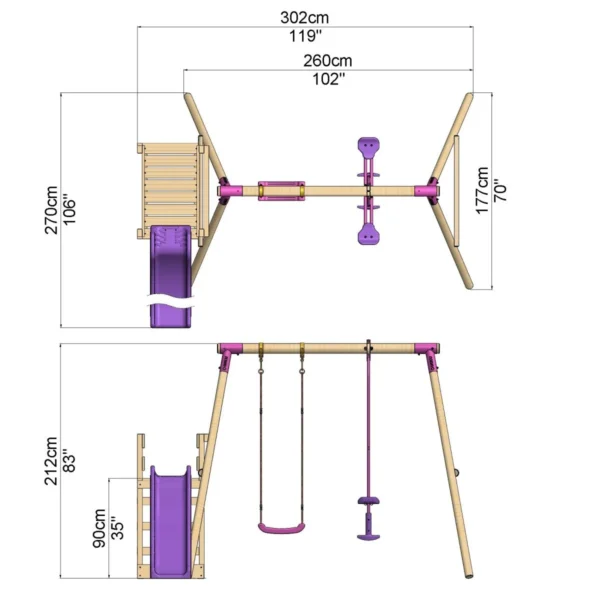 Rebo Wooden Swing Set plus Deck & Slide - Star Pink - Image 2