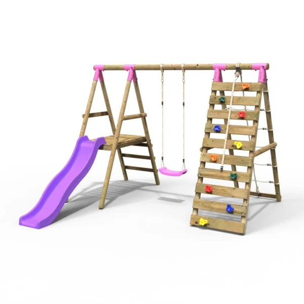 Rebo Wooden Swing Set with Deck, Slide & Climbing Wall - Amber Pink - Image 6