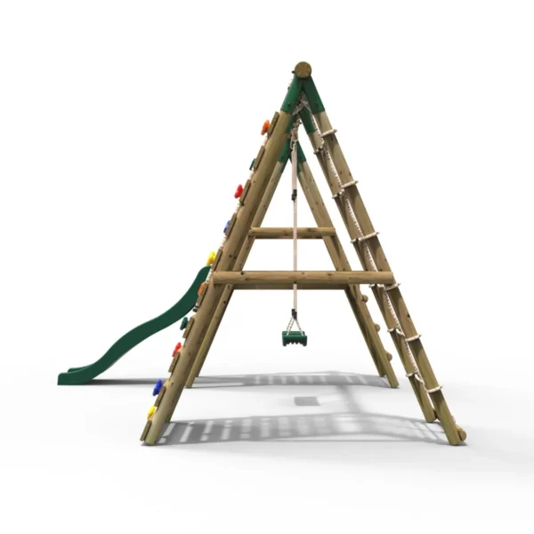 Rebo Wooden Swing Set with Deck, Slide & Climbing Wall - Amber Green - Image 3