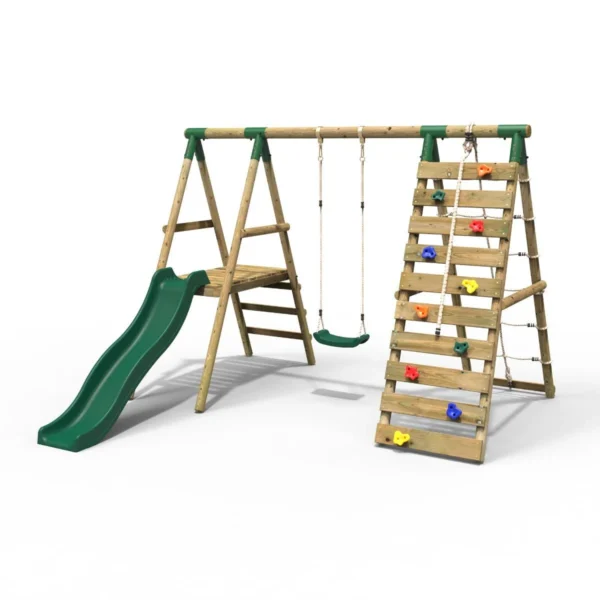 Rebo Wooden Swing Set with Deck, Slide & Climbing Wall - Amber Green - Image 6