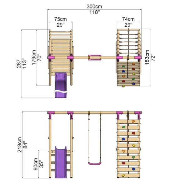 Rebo Wooden Swing Set with Deck, Slide & Climbing Wall - Amber Pink - Image 3