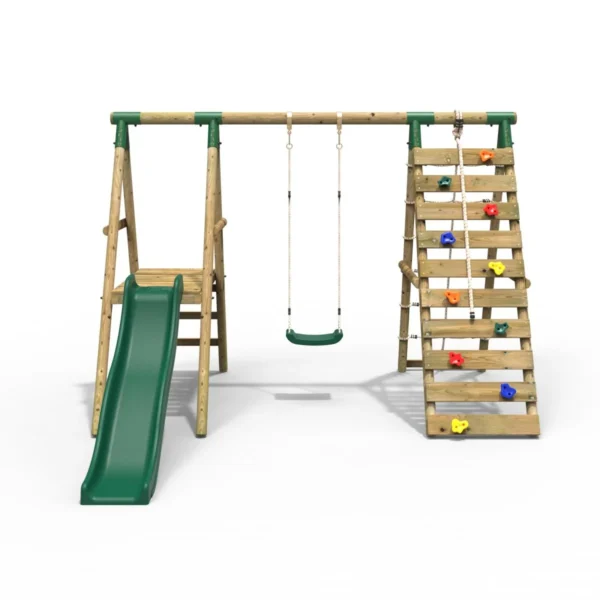 Rebo Wooden Swing Set with Deck, Slide & Climbing Wall - Amber Green - Image 4