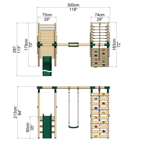 Rebo Wooden Swing Set with Deck, Slide & Climbing Wall - Amber Green - Image 2