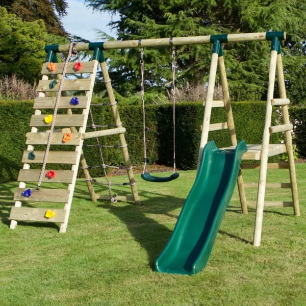 Rebo Wooden Swing Set with Deck, Slide & Climbing Wall - Amber Green