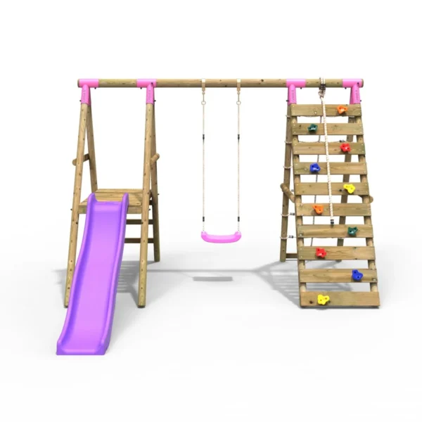 Rebo Wooden Swing Set with Deck, Slide & Climbing Wall - Amber Pink - Image 5