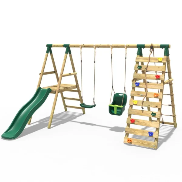 Rebo Wooden Swing Set with Deck and Slide plus Up and Over Climbing Wall - Moonstone Green - Image 8