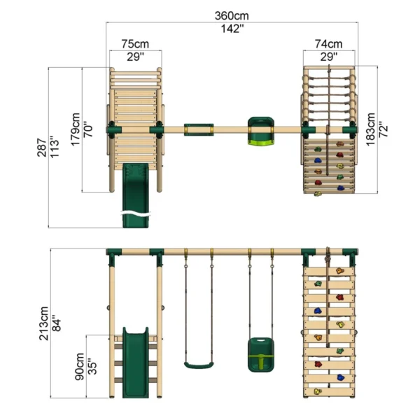 Rebo Wooden Swing Set with Deck and Slide plus Up and Over Climbing Wall - Moonstone Green - Image 4