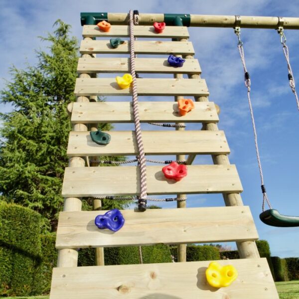 Rebo Wooden Swing Set with Deck and Slide plus Up and Over Climbing Wall - Moonstone Green - Image 2