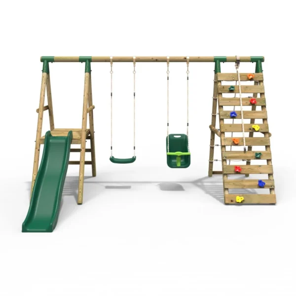 Rebo Wooden Swing Set with Deck and Slide plus Up and Over Climbing Wall - Moonstone Green - Image 7