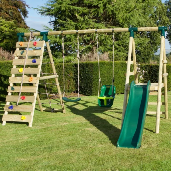 Rebo Wooden Swing Set with Deck and Slide plus Up and Over Climbing Wall - Moonstone Green - Image 5