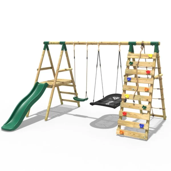 Rebo Wooden Swing Set with Deck and Slide plus Up and Over Climbing Wall - Quartz Green - Image 6