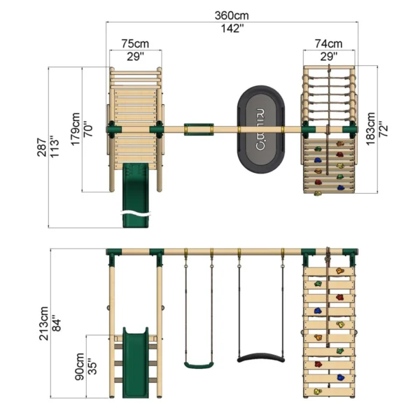 Rebo Wooden Swing Set with Deck and Slide plus Up and Over Climbing Wall - Quartz Green - Image 2