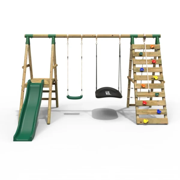 Rebo Wooden Swing Set with Deck and Slide plus Up and Over Climbing Wall - Quartz Green - Image 5