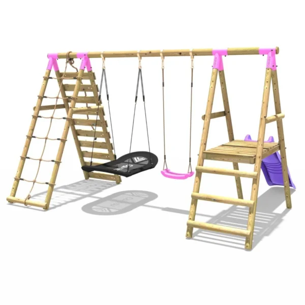 Rebo Wooden Swing Set with Deck and Slide plus Up and Over Climbing Wall - Quartz Pink - Image 4