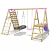 Rebo Wooden Swing Set with Deck and Slide plus Up and Over Climbing Wall - Quartz Pink - Image 4