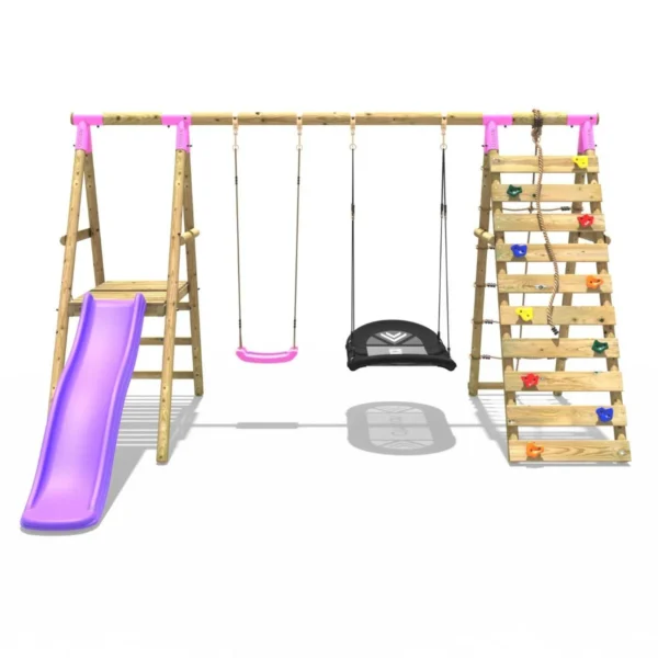 Rebo Wooden Swing Set with Deck and Slide plus Up and Over Climbing Wall - Quartz Pink - Image 6