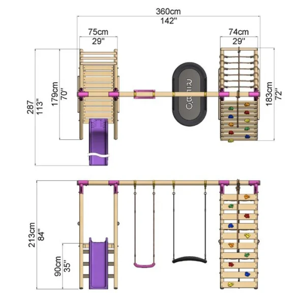 Rebo Wooden Swing Set with Deck and Slide plus Up and Over Climbing Wall - Quartz Pink - Image 2