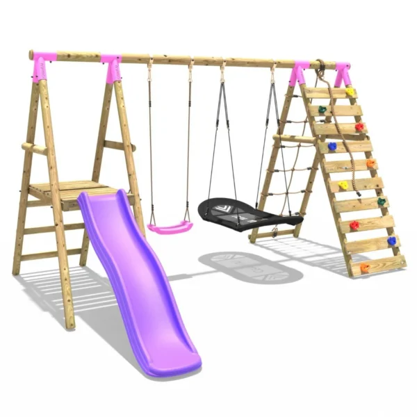 Rebo Wooden Swing Set with Deck and Slide plus Up and Over Climbing Wall - Quartz Pink - Image 5