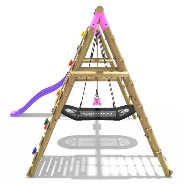 Rebo Wooden Swing Set with Deck and Slide plus Up and Over Climbing Wall - Quartz Pink