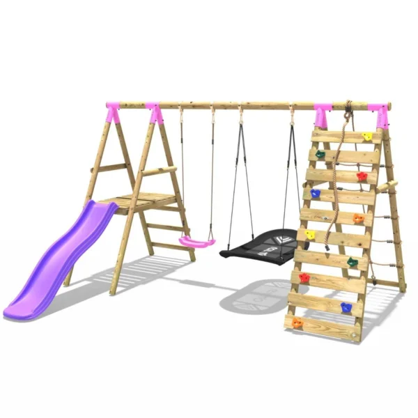 Rebo Wooden Swing Set with Deck and Slide plus Up and Over Climbing Wall - Quartz Pink - Image 7