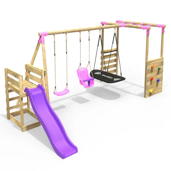 Rebo Wooden Swing Set with Monkey Bars plus Deck & 6ft Slide - Halley Pink - Image 7