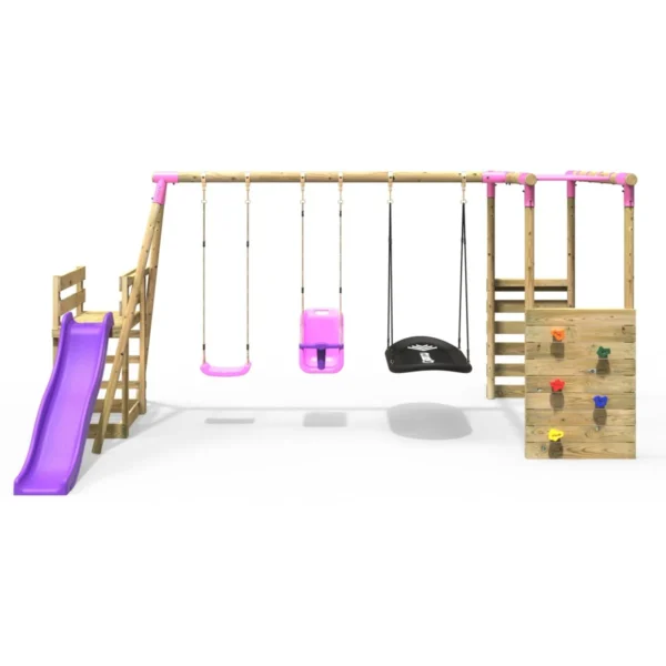 Rebo Wooden Swing Set with Monkey Bars plus Deck & 6ft Slide - Halley Pink - Image 6