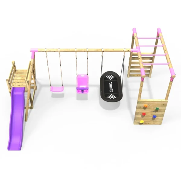 Rebo Wooden Swing Set with Monkey Bars plus Deck & 6ft Slide - Halley Pink - Image 4