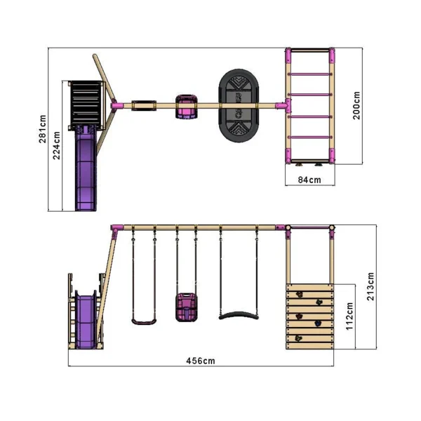 Rebo Wooden Swing Set with Monkey Bars plus Deck & 6ft Slide - Halley Pink - Image 2