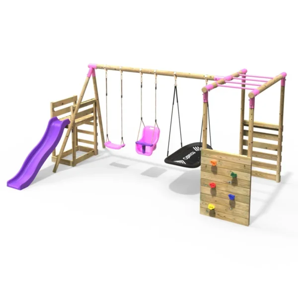 Rebo Wooden Swing Set with Monkey Bars plus Deck & 6ft Slide - Halley Pink - Image 5