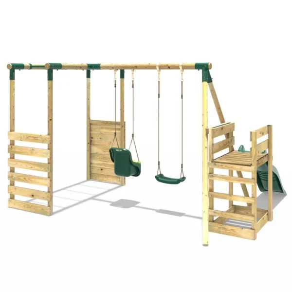 Rebo Wooden Swing Set with Monkey Bars plus Deck & 6ft Slide - Luna Green - Image 3