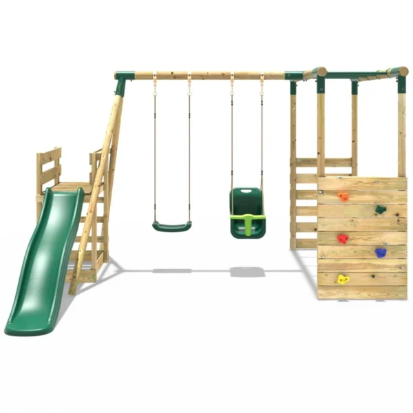 Rebo Wooden Swing Set with Monkey Bars plus Deck & 6ft Slide - Luna Green - Image 6