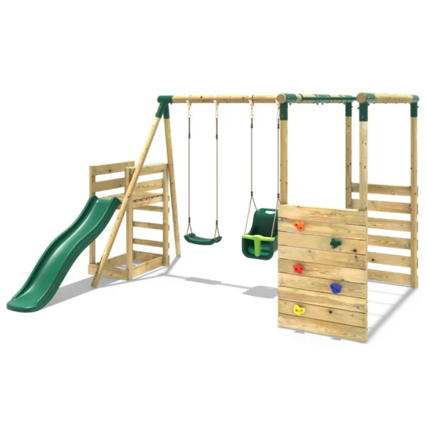 Rebo Wooden Swing Set with Monkey Bars plus Deck & 6ft Slide - Luna Green - Image 4