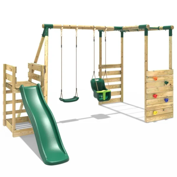 Rebo Wooden Swing Set with Monkey Bars plus Deck & 6ft Slide - Luna Green - Image 7