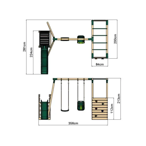 Rebo Wooden Swing Set with Monkey Bars plus Deck & 6ft Slide - Luna Green - Image 2