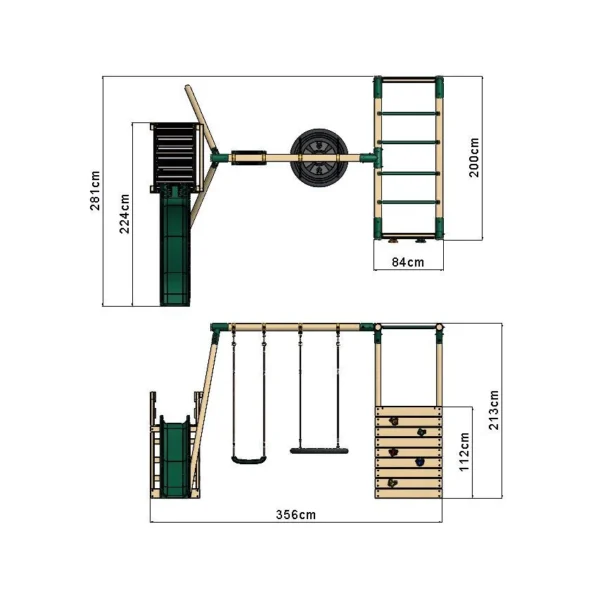 Rebo Wooden Swing Set with Monkey Bars plus Deck & 6ft Slide - Satellite Green